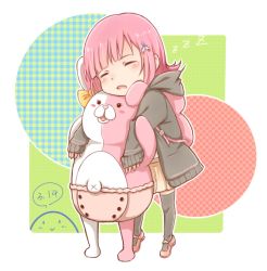 Rule 34 | 1girl, backpack, bag, behind another, black thighhighs, blush, bow, breasts, brown jacket, brown skirt, chibi, commentary request, danganronpa (series), danganronpa 2: goodbye despair, dated, diaper, ear bow, hair ornament, hood, hood down, hooded jacket, jacket, lifting person, medium breasts, meipoi, monomi (danganronpa), multicolored background, nanami chiaki, open mouth, pink bag, pink footwear, pink hair, pleated skirt, shoes, skirt, sleeping, sleeping upright, spaceship hair ornament, stuffed animal, stuffed rabbit, stuffed toy, thighhighs, zettai ryouiki, zzz
