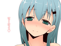 Rule 34 | 10s, 1girl, aqua eyes, aqua hair, blush, full-face blush, hair ornament, kantai collection, long hair, looking at viewer, portrait, simple background, smile, solo, suzuya (kancolle), takeyuu, torogao, translation request, white background