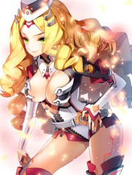 Rule 34 | 1girl, arinna karin galaxia, bad id, bad pixiv id, blonde hair, boots, breasts, cherrypin, cleavage, drill hair, green eyes, hand on own hip, hat, hip focus, junketsu duelion, large breasts, long hair, looking at viewer, official art, smile, solo, thigh boots, thighhighs, white background