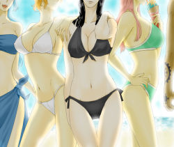 Rule 34 | 1boy, 4girls, arm on another&#039;s shoulder, beach, bikini, black bikini, black hair, blue bikini, blue hair, blue skirt, breasts, cleavage, day, food, front-tie bikini top, front-tie top, gradient background, green bikini, hand on own hip, head out of frame, ice cream, ice cream cone, jewelry bonney, large breasts, licking, long hair, long sideburns, md5 mismatch, multiple girls, nami (one piece), navel, nefertari vivi, nico robin, one piece, open mouth, orange hair, parted lips, pink hair, sarong, short hair, side-tie bikini bottom, sideboob, sideburns, skirt, swimsuit, tattoo, thigh gap, trafalgar law, white bikini, xla009