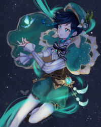 Rule 34 | 1boy, androgynous, aqua eyes, bad id, bad twitter id, bard, beret, black hair, blue hair, braid, brooch, cape, collared cape, corset, crystalfly (genshin impact), flower, frilled sleeves, frills, genshin impact, gradient hair, green cape, green hat, green shorts, hair flower, hair ornament, hat, highres, jewelry, juliet sleeves, long sleeves, male focus, mcfoxlevy, multicolored hair, pantyhose, puffy sleeves, shirt, short hair with long locks, shorts, solo, twin braids, venti (genshin impact), vision (genshin impact), white flower, white pantyhose, white shirt