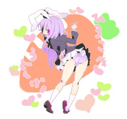 Rule 34 | 1girl, animal ears, ass, bad id, bad pixiv id, bent over, female focus, from behind, light purple hair, long hair, looking back, numeri, one eye closed, open mouth, panties, pantyshot, pink eyes, pointing, purple hair, rabbit ears, reisen udongein inaba, skirt, smile, socks, solo, striped clothes, striped panties, touhou, underwear, white background, wink