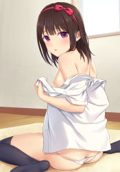 Rule 34 | 1girl, ass, bare shoulders, black thighhighs, blush, bow, breasts, brown hair, collared shirt, dress shirt, eyebrows hidden by hair, from behind, hair bow, hairband, indoors, long hair, looking at viewer, looking back, lowleg, lowleg panties, n.g., nipples, no shoes, off shoulder, original, panties, parted lips, purple eyes, red bow, red hairband, shirt, short sleeves, sitting, small breasts, soles, solo, thighhighs, underwear, undressing, wariza, white panties, white shirt, window, wooden floor