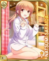 Rule 34 | 1girl, bare legs, barefoot, bed, bedroom, blush, bottomless, breasts, brown hair, card (medium), character name, cleavage, cowboy shot, day, dress shirt, female focus, girlfriend (kari), hair ornament, hands up, indoors, large breasts, long hair, long sleeves, looking at viewer, official art, on floor, open mouth, panic, pink scrunchie, qp:flapper, red eyes, sakaida natsumi, scrunchie, shirt, solo, sparkle, sunlight, white shirt, wooden floor