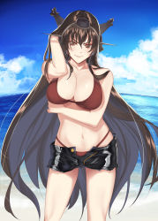 Rule 34 | 1girl, beach, bikini, blush, breasts, brown bikini, brown eyes, brown hair, cleavage, closed mouth, cowboy shot, day, artistic error, fisheye, hair between eyes, hand in own hair, highres, kabocha (monkey4), kantai collection, large breasts, long hair, looking at viewer, nagato (kancolle), navel, ocean, open fly, outdoors, short shorts, shorts, smile, solo, swimsuit, thighs, very long hair