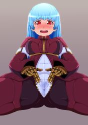 Rule 34 | 1girl, blue hair, blush, bodysuit, come hither, highres, kula diamond, legs, long hair, naughty face, open mouth, red eyes, smile, snk, spread legs, spread pussy under clothes, the king of fighters, thighhighs, thighs