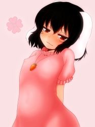 Rule 34 | 1girl, :3, animal ears, arms behind back, black hair, blush, breasts, carrot, clover, covered erect nipples, dress, female focus, four-leaf clover, geno (9999), inaba tewi, naughty face, rabbit ears, red eyes, short hair, small breasts, smile, solo, touhou