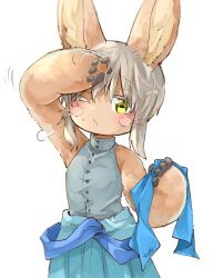 Rule 34 | 1other, puff of air, ambiguous gender, animal ears, aqua skirt, arm up, armpits, artist name, bare shoulders, blue ribbon, blush, brown fur, commentary request, cowboy shot, furry, grey background, grey hair, grey shirt, hands up, highres, holding, holding ribbon, horizontal pupils, made in abyss, motion lines, mumu yu mu, nanachi (made in abyss), one eye closed, ribbon, shirt, short hair, sidelocks, signature, simple background, skirt, sleeveless, sleeveless shirt, solo, whiskers, wiping forehead