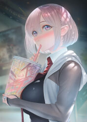 Rule 34 | 1girl, absurdres, between breasts, blush, breasts, collared shirt, drink, drinking straw, drinking straw in mouth, fate/grand order, fate (series), from side, hair between eyes, highres, hood, hoodie, imizu (nitro unknown), large breasts, long sleeves, mash kyrielight, medium hair, necktie, pink hair, purple eyes, shirt, solo, upper body, wing collar