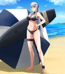 Rule 34 | 1girl, absurdres, alternate costume, beach, beach umbrella, bikini, black bikini, blue hair, blue sky, blush, bracelet, breasts, cleavage, closed mouth, cyka, full body, girls&#039; frontline, green eyes, hair ornament, hairclip, hand on own hip, highres, hk416 (girls&#039; frontline), holding, holding surfboard, jewelry, large breasts, light blue hair, long hair, looking at viewer, navel, no shoes, ponytail, ring, sand, sky, solo, standing, surfboard, swimsuit, teardrop facial mark, teardrop tattoo, umbrella