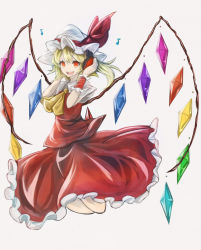 Rule 34 | 1girl, :d, ascot, blonde hair, crystal, flandre scarlet, frilled shirt collar, frilled skirt, frills, full body, hat, hat ribbon, headphones, looking at viewer, mob cap, musical note, open mouth, psyren2, puffy short sleeves, puffy sleeves, red eyes, red ribbon, red skirt, red vest, ribbon, shirt, short sleeves, side ponytail, skirt, skirt set, smile, solo, touhou, vest, white shirt, wings, wrist cuffs