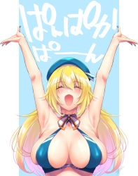 Rule 34 | 1girl, :d, ^ ^, armpits, arms up, atago (kancolle), bikini, blonde hair, blue background, blue bikini, blue hat, blush, breasts, chikage (blackclownery), closed eyes, commentary request, hair between eyes, halterneck, hat, highres, kantai collection, large breasts, long hair, open mouth, smile, solo, swimsuit, translated, two-tone background, white background