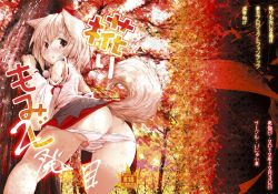 Rule 34 | 1girl, animal ears, ass, autumn leaves, bare shoulders, blush, detached sleeves, female focus, forest, from behind, inubashiri momiji, inyucchi, nature, panties, panty pull, red eyes, solo, tail, touhou, tree, underwear, white hair, white panties, wolf ears, wolf tail