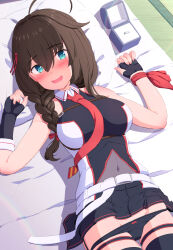 Rule 34 | 1girl, ahoge, bed, black gloves, black hair, black panties, black shirt, black skirt, blue eyes, braid, commentary request, covered navel, cowboy shot, fingerless gloves, gloves, groin, hair flaps, hair over shoulder, highres, jewelry, kantai collection, long hair, necktie, panties, pillow, pleated skirt, red necktie, ring, ring box, shigure (kancolle), shigure kai san (kancolle), shirt, single braid, skirt, sleeveless, sleeveless shirt, solo, tsukimoto reiji, two-tone shirt, underwear