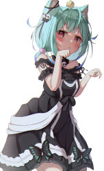 Rule 34 | 1girl, absurdres, animal ear fluff, animal ears, black bow, black dress, black ribbon, blue hair, blush, bow, cat ears, cat girl, choker, colored tips, cowboy shot, dress, green hair, hair bow, hair ornament, hair ribbon, highres, hololive, leopon pon, looking at viewer, low twintails, multicolored hair, off-shoulder dress, off shoulder, open mouth, paw pose, piyoko (uruha rushia), red eyes, ribbon, short hair, short twintails, simple background, skull hair ornament, solo, twintails, uruha rushia, uruha rushia (3rd costume), virtual youtuber, white background