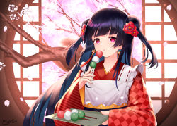 Rule 34 | 1girl, :o, bad id, bad pixiv id, black hair, blunt bangs, checkered clothes, checkered kimono, cherry blossoms, dango, double bun, earrings, flower, food, frills, hair bun, hair flower, hair ornament, highres, hime cut, holding, holding food, holding tray, japanese clothes, jewelry, kimono, long hair, long sleeves, looking at viewer, myria (7855), original, petals, pink eyes, round window, sanshoku dango, short twintails, signature, solo, striped clothes, striped kimono, traditional clothes, tray, tree, twintails, very long hair, wagashi, wide sleeves, window