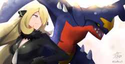 Rule 34 | 1girl, black coat, blonde hair, breasts, cleavage, closed mouth, coat, commentary, creatures (company), cynthia (pokemon), dessymus, fur-trimmed coat, fur collar, fur trim, game freak, garchomp, gen 4 pokemon, grey eyes, hair ornament, hair over one eye, highres, long hair, nintendo, pokemon, pokemon (creature), pokemon dppt, signature, smile, v-neck