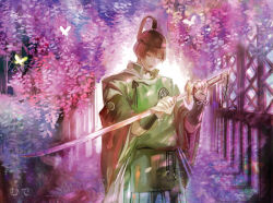 Rule 34 | 1boy, backlighting, blood, bloody weapon, bug, butterfly, cleaning, cleaning weapon, facing down, flower, insect, ishikirimaru, japanese clothes, katana, looking at viewer, short hair, solo, sword, tagme, touken ranbu, weapon, wiping, wisteria, zbxx