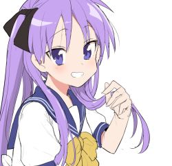Rule 34 | 1girl, azuse neko, blue sailor collar, bow, bowtie, commentary request, grin, hiiragi kagami, looking at viewer, lucky star, purple eyes, purple hair, ryouou school uniform, sailor collar, school uniform, serafuku, simple background, smile, solo, twintails, upper body, white background, yellow bow, yellow bowtie