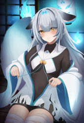 Rule 34 | 1girl, absurdres, animal ears, azur lane, bandages, bed, breasts, collarbone, commentary request, elegant (sumisumi4268), grey hair, hair between eyes, hair ornament, highres, japanese clothes, looking at viewer, miyuki (azur lane), small breasts, smile, solo, tail, thighs, undressing, yellow eyes