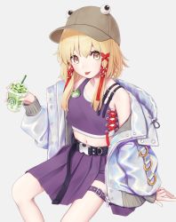 Rule 34 | 1girl, :p, adapted costume, arm support, bare shoulders, baseball cap, belt, black belt, blonde hair, brown hat, casual, commentary request, contemporary, crop top, cup, disposable cup, drinking straw, grey background, hair between eyes, hair ribbon, hand up, hat, highres, holding, holding cup, jacket, long hair, long sleeves, looking at viewer, midriff, miniskirt, moriya suwako, navel, off shoulder, open clothes, open jacket, pleated skirt, purple skirt, purple tank top, red ribbon, ribbon, sidelocks, simple background, sitting, skirt, smile, solo, starbucks, tank top, thigh strap, tongue, tongue out, torinari (dtvisu), touhou, white jacket, yellow eyes