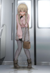 Rule 34 | 1girl, bag, beret, black footwear, black gloves, black pantyhose, blonde hair, blush, breasts, collarbone, day, door, earrings, embarrassed, female focus, full body, gloves, grey skirt, hand up, handbag, hat, highres, jewelry, long hair, long sleeves, maanii, matching hair/eyes, medium breasts, miniskirt, necklace, nijisanji, nose blush, open mouth, pantyhose, pee, peeing, peeing self, pencil skirt, pigeon-toed, pink shirt, plaid, plaid skirt, puddle, shirt, shoes, sister claire, sister claire (4th costume), skirt, solo, sparkle, standing, tears, train interior, virtual youtuber, wet, wet clothes, white hat, window, yellow eyes