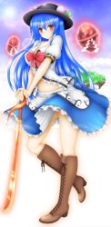 Rule 34 | 1girl, blue hair, blush, boots, breasts, brown footwear, cleavage, cross-laced footwear, food, fruit, full body, hat, highres, hinanawi tenshi, knee boots, lace-up boots, long hair, looking at viewer, medium breasts, midriff, navel, panties, pantyshot, peach, puffy sleeves, red eyes, rock, rope, shimenawa, shirt, short sleeves, skirt, sky, smile, solo, standing, standing on one leg, sturm (arowana kingyo), sun, sunlight, sword of hisou, touhou, underwear, upskirt