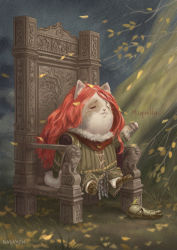 Rule 34 | 1girl, animal focus, animalization, cat, closed mouth, dress, elden ring, closed eyes, from side, green dress, highres, long hair, malenia blade of miquella, nasaych, prosthesis, prosthetic arm, prosthetic arm removed, prosthetic leg, red hair, sitting, solo, throne