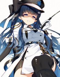 Rule 34 | 1girl, black headwear, black thighhighs, blue eyes, blue hair, blunt bangs, breast pocket, buttons, character request, cluseller, copyright request, cropped shirt, dark blue hair, disgust, double-breasted, dress, gloves, grimace, holding, holding riding crop, holding whip, layered sleeves, long sleeves, looking at viewer, military uniform, pocket, riding crop, short dress, short over long sleeves, short sleeves, skirt under dress, solo, thighhighs, uniform, white dress, white gloves