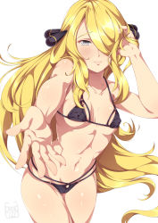 Rule 34 | 1girl, bikini, black bikini, blonde hair, blush, body blush, breasts, cameltoe, covered erect nipples, cowboy shot, creatures (company), cynthia (pokemon), female focus, game freak, gorudazo, grey eyes, hair ornament, hair over one eye, hand in own hair, highres, long hair, looking at viewer, medium breasts, micro bikini, navel, nintendo, outstretched arm, pokemon, pokemon dppt, reaching, reaching towards viewer, shiny skin, simple background, smile, solo, standing, stomach, swimsuit, toned female, toned stomach, underboob, very long hair, watermark, white background