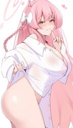 Rule 34 | absurdres, bikini, bikini under clothes, blue archive, bottomless, bow, breasts, halo, hanako (blue archive), hanako (swimsuit) (blue archive), highres, large breasts, maruneco, official alternate costume, oversized clothes, oversized shirt, pink hair, pink halo, see-through, see-through shirt, shirt, shirt hold, swimsuit, thighs, wet, wet clothes, wet shirt, white bow
