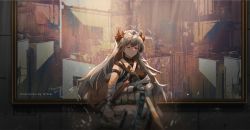 Rule 34 | 1girl, arknights, artist name, bandaged arm, bandages, belt pouch, black shirt, blurry, closed mouth, coat, commentary, depth of field, dragon horns, dust, english commentary, english text, closed eyes, female focus, grey coat, highres, horns, loftcat, long hair, off shoulder, official alternate costume, painting (object), pouch, saria (arknights), saria (stronghold) (arknights), shirt, shoulder strap, silver hair, sleeveless, sleeveless shirt, soft focus, solo, upper body