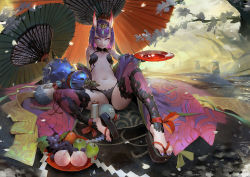 Rule 34 | 1girl, alcohol, ankle ribbon, apple, arm support, bare shoulders, bottle, circlet, cup, day, eyeliner, fate/grand order, fate (series), feet, food, foreshortening, fruit, full body, geta, gourd, grapes, halterneck, horns, japanese clothes, kimono, leaning back, leg ribbon, legs, long sleeves, looking at viewer, makeup, md5 mismatch, nail polish, navel, on ground, open clothes, open kimono, outdoors, parasol, peach, petals, platform clogs, purple eyes, purple hair, purple kimono, purple nails, purple thighhighs, qmo (chalsoma), red ribbon, red umbrella, revealing clothes, ribbon, sakazuki, sake, short hair, shuten douji (fate), sitting, skin-covered horns, solo, spikes, stomach, thighhighs, toenail polish, toenails, umbrella