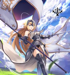 Rule 34 | 1girl, armor, armored boots, bare shoulders, blonde hair, blue eyes, boots, chain, cloud, collar, couter, day, eruthika, fate/grand order, fate (series), from below, fur trim, highres, jeanne d&#039;arc (fate), jeanne d&#039;arc (ruler) (fate), jeanne d&#039;arc (third ascension) (fate), long hair, looking at viewer, panties, ruler (fate/grand order), sky, solo, standard bearer, sword, underwear, very long hair, walking, weapon, wind