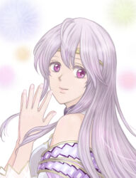 Rule 34 | 1girl, bare shoulders, chatarou (chatachata0201), circlet, dress, fire emblem, fire emblem: genealogy of the holy war, from side, julia (fire emblem), looking at viewer, nintendo, own hands clasped, own hands together, purple eyes, purple hair, simple background, solo