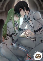 Rule 34 | 1girl, 2boys, arm around waist, backlighting, bandaged head, bandages, black hair, bodysuit, breasts, brown hair, c.c., c.c. (cosplay), character request, chibi, chibi inset, cleavage, cleavage cutout, clothing cutout, code geass, cosplay, creayus, crying, flying sweatdrops, green hair, lelouch vi britannia, long hair, long sleeves, multiple boys, on one knee, purple eyes, short hair, sitting, small breasts, very long hair, white bodysuit, yellow eyes