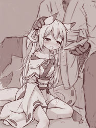 Rule 34 | 1boy, 1girl, alcohol, animal ears, drunk, fox ears, fox tail, hand on another&#039;s head, highres, japanese clothes, langbazi, monochrome, off shoulder, original, sake, tail, tears