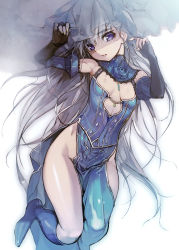 Rule 34 | 10s, 1girl, absurdres, armpits, bare shoulders, blue rose, boots, breasts, bridal gauntlets, detached sleeves, earrings, elbow gloves, fingerless gloves, fingernails, flower, gloves, grey hair, highres, hitsugi no chaika, huge filesize, jewelry, knee boots, layla (hitsugi no chaika), lips, lipstick, long hair, looking at viewer, lying, makeup, nail polish, namaniku atk, no panties, on back, open mouth, parted lips, pelvic curtain, purple eyes, rose, scan, side slit, small breasts, solo, veil, very long hair, white hair