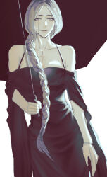 Rule 34 | 1girl, absurdres, bare shoulders, black dress, black eyes, black hair, black theme, bleach, bleach: sennen kessen-hen, braid, braided ponytail, cha quq, collarbone, dress, facing viewer, highres, holding, holding umbrella, long hair, looking at viewer, loose hair strand, parted bangs, parted lips, scar, scar on chest, sketch, sleeveless, solo, umbrella, unohana retsu, white background