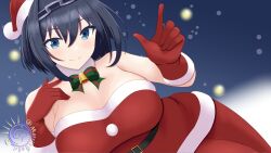 Rule 34 | 1girl, absurdres, belt, black hair, blue eyes, blue hair, bow, breasts, chain, chain headband, christmas, hat, highres, holocouncil, hololive, hololive english, large breasts, looking at viewer, merriegold d, ouro kronii, santa costume, santa hat, self-upload, snow, virtual youtuber