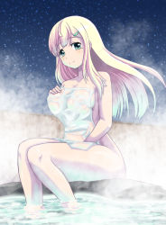 Rule 34 | 10s, 1girl, artist request, between legs, blonde hair, blue eyes, blush, breasts, collarbone, female focus, hair ornament, hairclip, hand between legs, hand on own chest, hand up, knees together feet apart, large breasts, long hair, looking at viewer, night, night sky, nude, onsen, outdoors, see-through, senran kagura, sitting, sky, smile, solo, star (sky), starry sky, steam, towel, water, wet, yomi (senran kagura)