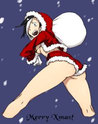Rule 34 | 1girl, ass, bikini, bikini top only, black hair, black hood, blue eyes, breasts, christmas, cropped legs, from below, hair over one eye, highres, hood, jacket, kamezaemon, kneepits, looking at viewer, looking down, merry christmas, multicolored hair, open mouth, original, red bikini, sack, santa costume, short shorts, shorts, simple background, solo, swimsuit, thighs, two-tone hair, underboob, white hair