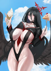Rule 34 | 1girl, absurdres, between breasts, black choker, black hair, blue archive, blush, breasts, cake, cake slice, choker, cleavage, cowboy shot, day, food, fork, gcg, hair between eyes, halo, hasumi (blue archive), highres, holding, holding food, holding ice cream, ice cream, large breasts, long hair, long sleeves, looking at viewer, low wings, navel, outdoors, parted lips, red eyes, red halo, solo, thighs, wings