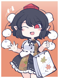 Rule 34 | 1girl, bag, black hair, black skirt, blush stickers, buttons, chahan (fried rice0614), commission, cowboy shot, frilled skirt, frills, hair between eyes, hat, highres, one eye closed, open mouth, pointy ears, pom pom (clothes), red eyes, red hat, shameimaru aya, shirt, short hair, short sleeves, skeb commission, skirt, smile, solo, tokin hat, touhou, white shirt