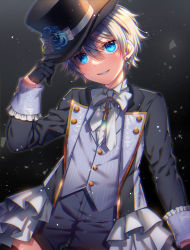 Rule 34 | 1boy, absurdres, aqua eyes, black background, blue eyes, bow, buttons, commission, dark background, drill hair, earrings, formal, ginjiro (ginziro525), gloves, hair between eyes, hat, hat bow, highres, jewelry, long sleeves, looking at viewer, male focus, original, silver hair, simple background, single earring, skeb commission, smile, suit, teeth, tilted headwear, top hat, twin drills, upper body