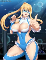 Rule 34 | 1girl, absurdres, bare shoulders, blonde hair, blue eyes, blue leotard, blue mask, breasts, capcom, cleavage, cleavage cutout, clothing cutout, cosplay, crossover, heart cutout, highres, index finger raised, large breasts, leotard, long hair, looking at viewer, mask, metroid, microphone, mole, mole under mouth, nintendo, open mouth, patdarux, ponytail, rainbow mika, rainbow mika (cosplay), revealing clothes, samus aran, sparkle, spotlight, street fighter, teeth, wrestling outfit, wrestling ring