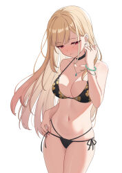 Rule 34 | 1girl, absurdres, bare arms, bare legs, bare shoulders, bikini, black bikini, blonde hair, blush, bracelet, breasts, choker, cleavage, closed mouth, collarbone, ear piercing, earrings, fingernails, floral print, halterneck, highres, jewelry, kitagawa marin, large breasts, long hair, nail polish, navel, necklace, piercing, red eyes, red nails, side-tie bikini bottom, sidelocks, simple background, solo, sono bisque doll wa koi wo suru, standing, stomach, string bikini, swimsuit, thighs, uefw8437, white background