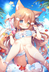 Rule 34 | + +, 1girl, :q, ahoge, animal ears, anklet, bikini, blue bikini, blue bow, blue eyes, blue innertube, blue sky, blunt bangs, blush, bow, bow bikini, bracelet, breasts, cameltoe, cat ears, cloud, commentary request, day, double-parted bangs, eyepatch bikini, falling petals, flower, frills, hair between eyes, hair bow, hair tie, highres, holding, holding water gun, jewelry, light blush, long hair, looking at viewer, m legs, medium breasts, momozu komamochi, multicolored bikini, multicolored clothes, navel, official art, orange hair, original, outdoors, palm tree, petals, red flower, scrunchie, sitting, sky, solo, stomach, striped bikini, striped clothes, swimsuit, thigh strap, thighs, tongue, tongue out, tree, w arms, water, water drop, water gun, wet, white bikini, white bow, wrist scrunchie, yellow eyes, yellow flower, yellow scrunchie