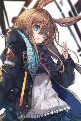 Rule 34 | 1girl, :o, amiya (arknights), animal ears, arknights, ascot, black jacket, black skirt, blue ascot, blue eyes, clothes writing, hair between eyes, hand up, highres, jacket, jewelry, long sleeves, looking at viewer, multiple rings, nyucha, open clothes, open jacket, open mouth, plaid, plaid skirt, rabbit ears, rabbit girl, ring, shirt, sidelocks, simple background, skirt, solo, upper body, white background, white shirt