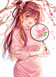 Rule 34 | 1girl, :d, absurdres, ahoge, axis powers hetalia, beads, blush, braided hair rings, branch, breasts, brown hair, china dress, chinese clothes, cowboy shot, double bun, dress, fingernails, flower, hair bun, hair flower, hair ornament, hand fan, highres, holding, holding fan, long hair, long sleeves, looking at viewer, open mouth, petals, pink dress, pink flower, red hair, riri5937, smile, solo, taiwan (hetalia), transparent fan, tuanshan, white background, yellow eyes